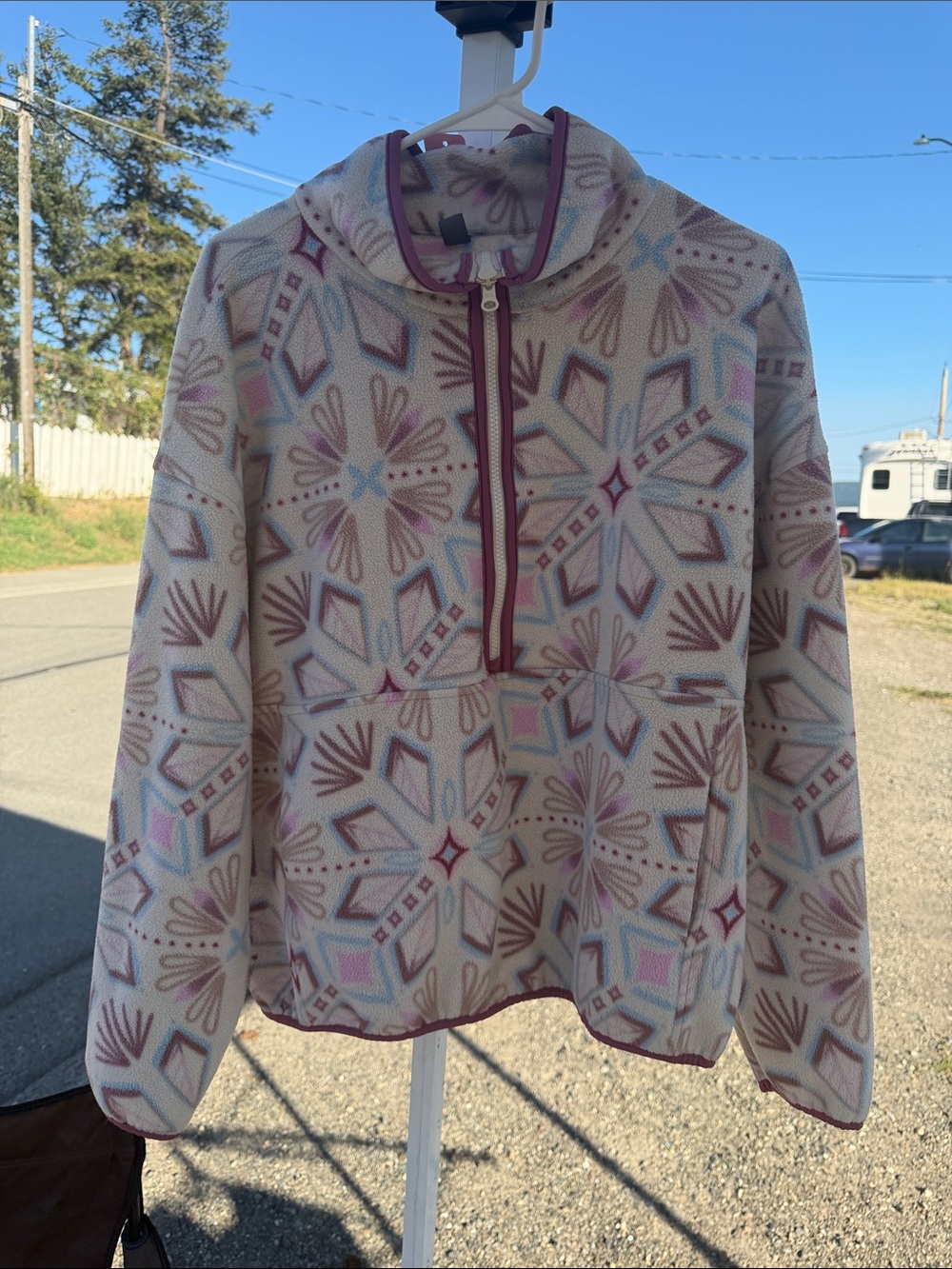 Joe Fresh Cream Patterned Teddy Fleece Half-Zip Jacket with Pink Trim
